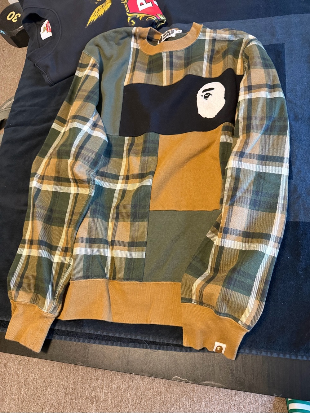 BAPE Patchwork Plaid Crewneck Sweater in Green/Gold